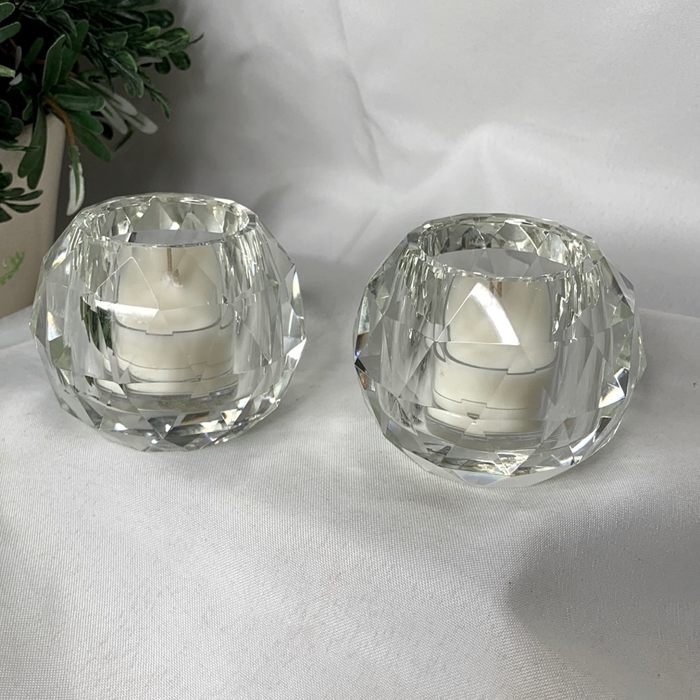 Set of 2 Shannon crystal faceted prism votive tea candle holders